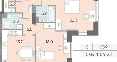 2-к. квартира, 65 м²
