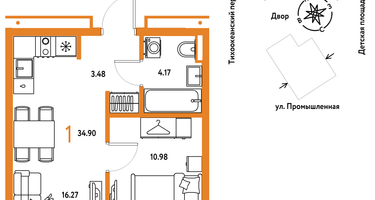1-к. квартира, 34&nbsp;м²