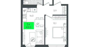 1-к. квартира, 43&nbsp;м²