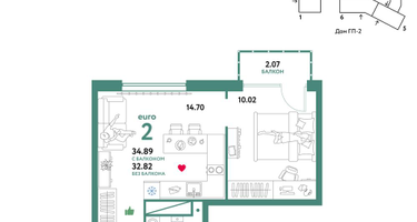 2-к. квартира, 34&nbsp;м²