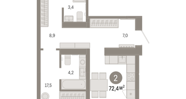2-к. квартира, 72&nbsp;м²