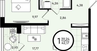 1-к. квартира, 42&nbsp;м²