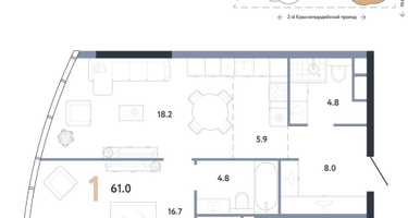 1-к. квартира, 61 м²