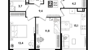 2-к. квартира, 59&nbsp;м²