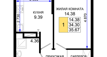 1-к. квартира, 35&nbsp;м²