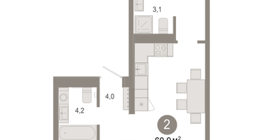 2-к. квартира, 60 м²