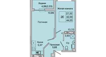 2-к. квартира, 44 м²