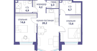 2-к. квартира, 66 м²