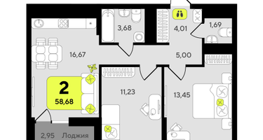 2-к. квартира, 58 м²