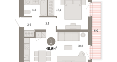 1-к. квартира, 48&nbsp;м²