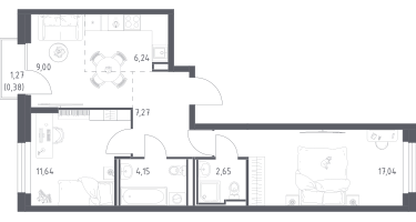 2-к. квартира, 58&nbsp;м²