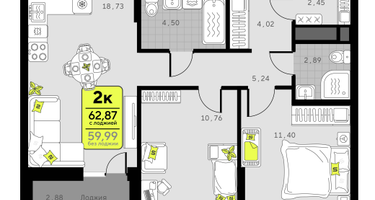 2-к. квартира, 62 м²