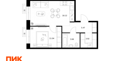 1-к. квартира, 42&nbsp;м²