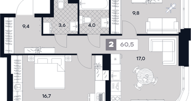 2-к. квартира, 60 м²