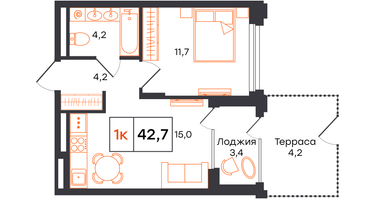 1-к. квартира, 42&nbsp;м²