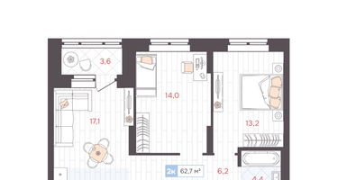 2-к. квартира, 62&nbsp;м²
