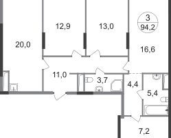 3-к. квартира, 94 м²