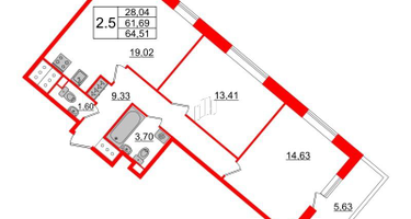 2-к. квартира, 62 м²