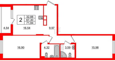 2-к. квартира, 67&nbsp;м²