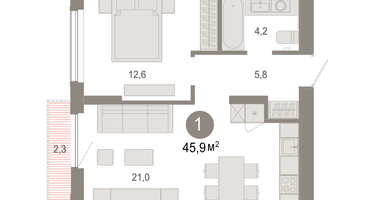 1-к. квартира, 45 м²