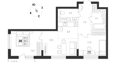 2-к. квартира, 41&nbsp;м²