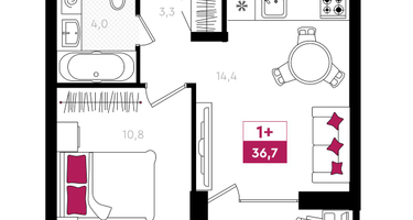 1-к. квартира, 36&nbsp;м²