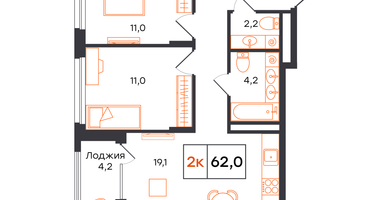 2-к. квартира, 62&nbsp;м²
