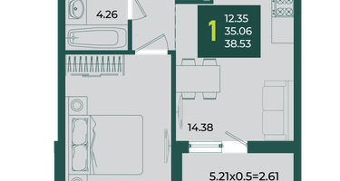 1-к. квартира, 38&nbsp;м²