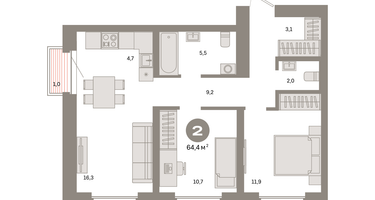 2-к. квартира, 64&nbsp;м²