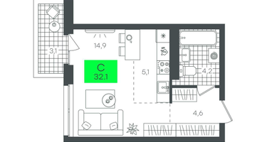 Студия, 32 м²