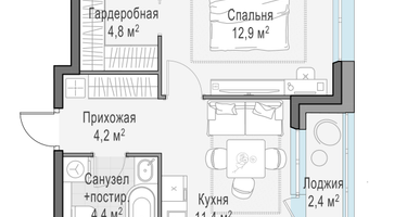 1-к. квартира, 37&nbsp;м²