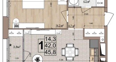 1-к. квартира, 45&nbsp;м²