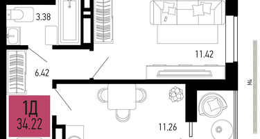 1-к. квартира, 34&nbsp;м²