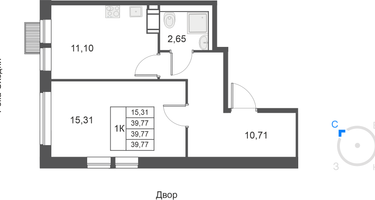 1-комнатная квартира, 39&nbsp;м²