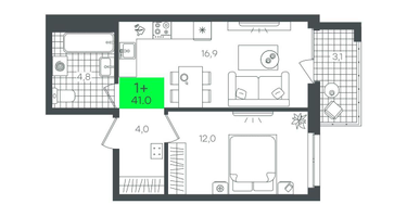 1-к. квартира, 41 м²