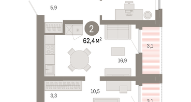 2-к. квартира, 62&nbsp;м²