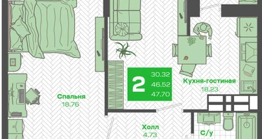 2-к. квартира, 46&nbsp;м²