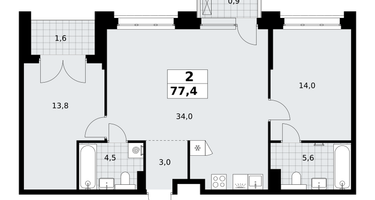 2-к. квартира, 77&nbsp;м²