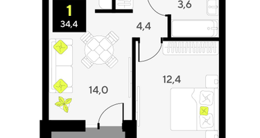 1-к. квартира, 34&nbsp;м²