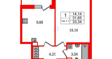 1-к. квартира, 31&nbsp;м²