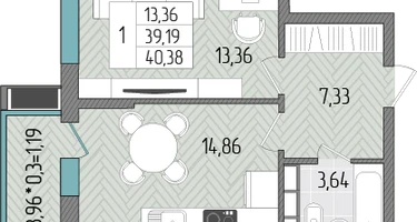1-к. квартира, 40&nbsp;м²