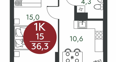 1-к. квартира, 36 м²
