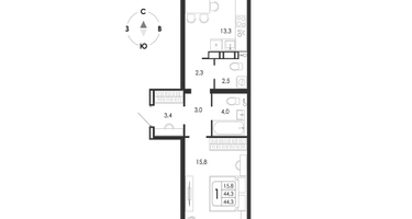 1-к. квартира, 44&nbsp;м²