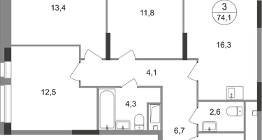 3-к. квартира, 74 м²