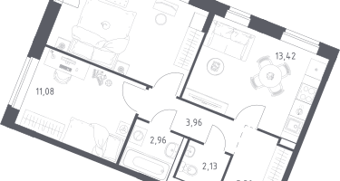 2-к. квартира, 54&nbsp;м²