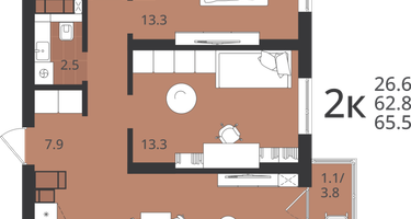 2-к. квартира, 62&nbsp;м²
