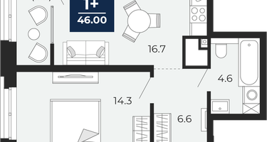 1-к. квартира, 46 м²