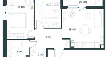 2-к. квартира, 61 м²