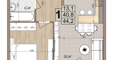 1-к. квартира, 44&nbsp;м²
