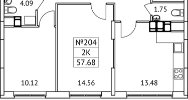 2-к. квартира, 57&nbsp;м²